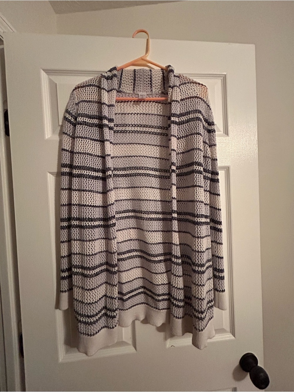 Open-Front Hooded Striped Cardigan — White and Black